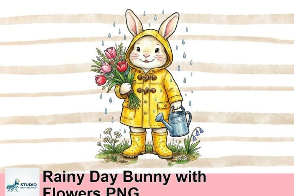 Download Rainy Day Bunny with Flowers PNG - Bunny Collection