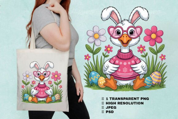 Download Cute Easter Duck Bunny with Flowers PNG - Bunny Collection