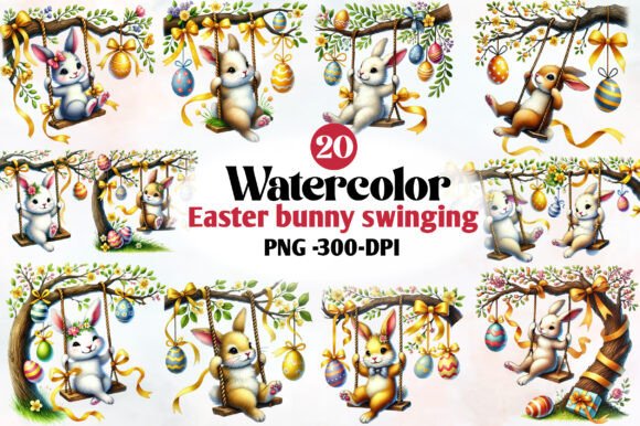 Download Watercolor Easter Bunny Swinging Clipart - Bunny Collection