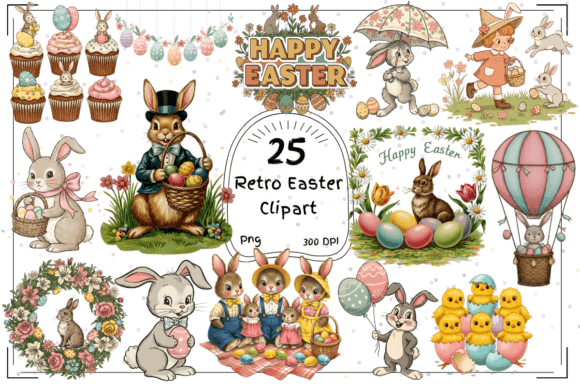 Download 25 Retro Easter Clipart - Vintage Bunny - Bunny Collection