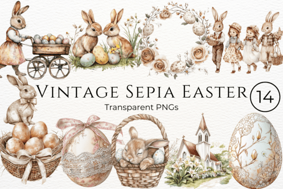 Download Vintage Sepia Easter Watercolor Cliparts - Cliparts Collection